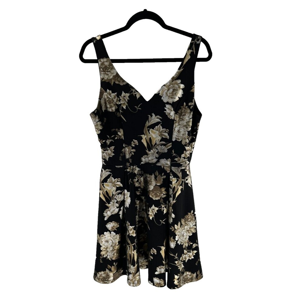 Women's Francesca's Black Gold Floral Fit and Flare Dress Size M